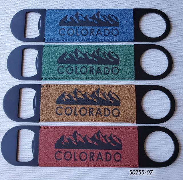 50255-07 Colorado Souvenir 7" Paddle Bottle Opener. Black Matte metal with 4 assorted color leatherette sleeves, printed with a Colorado Mountain design. 