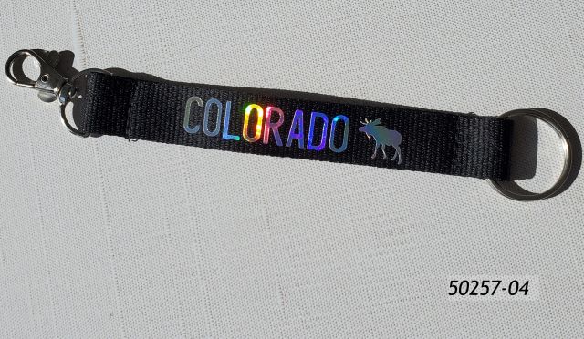 Colorado souvenir woven strap keyring.  Strap is black color, measures 5.5 inches and has an iridescent Colorado Moose imprint