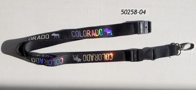 Colorado souvenir black strap lanyard with repeating Colorado Moose design in iridescent print. Measures approx 22 inches laid flat