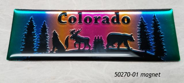 Colorado Souvenir Magnet with Rainbow foil etched silhouette design.