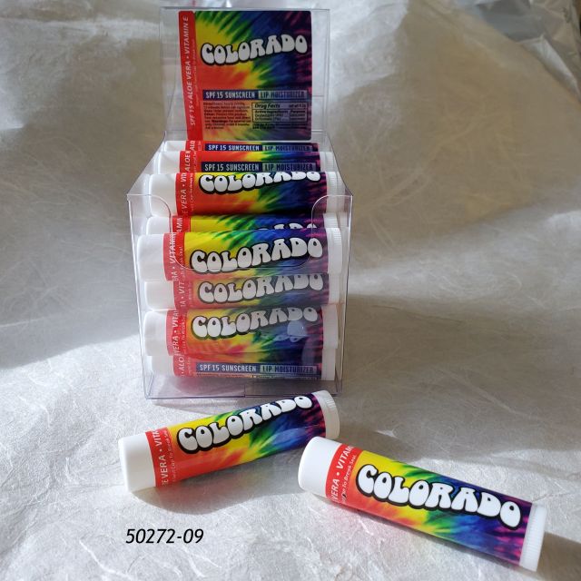 50272-09 Colorado souvenir lip balm, 25-count display.  Tropical flavor.  Tie Dye design in rainbow colors.  