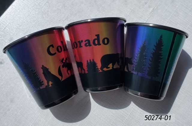 50274-01 Colorado stainless steel shot in dark grey color with a foil overlay with rainbow background and wildlife/trees silhouette