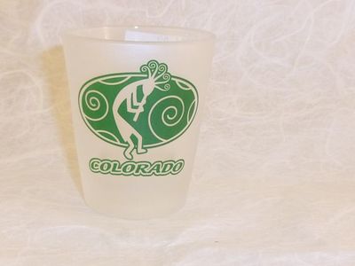 Frosted shotglass with green kokopelli design Colorado 