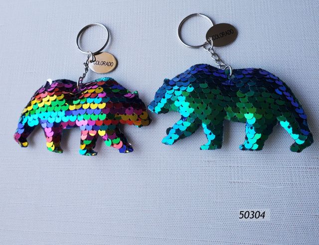 50304 Colorado Souvenir keyring Bear Shaped soft keyring covered in sequins in two assorted color motifs.  Metal tag attached says Colorado