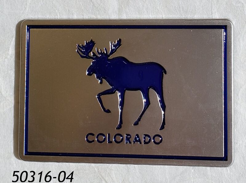 Colorado Souvenir Metal Magnet with etched Blue Moose design