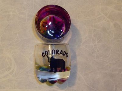 Souvenir Shotglass with 6-footed Rainbow base and Colorado Bear design