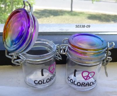 Souvenir Mini Mason Jar Rainbow Lid Colorado Peace sign design. 
