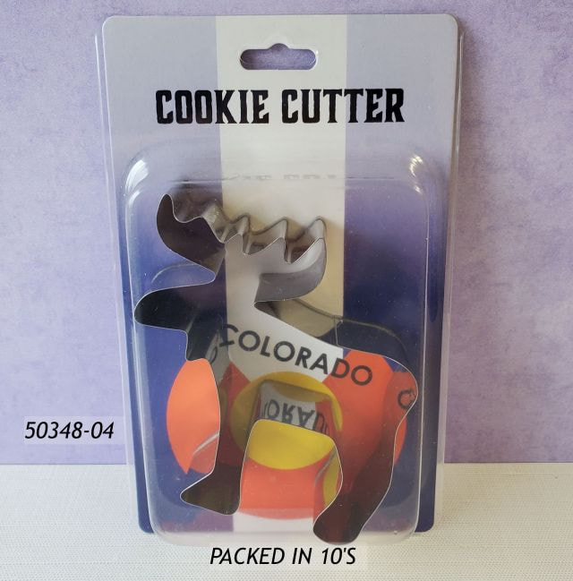 50348-04 Colorado souvenir metal cookie cutter shaped like a moose on a blister card with a Colorado flag graphic behind. 