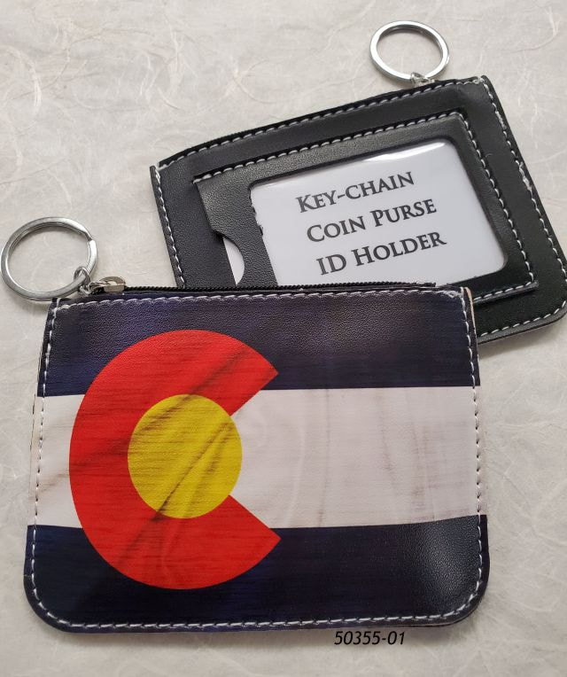 50355-01 Colorado Souvenir Keyring with Zippered Flat Pouch and ID card slot.  PVC leatherette material. 
 Colorado Flag design.