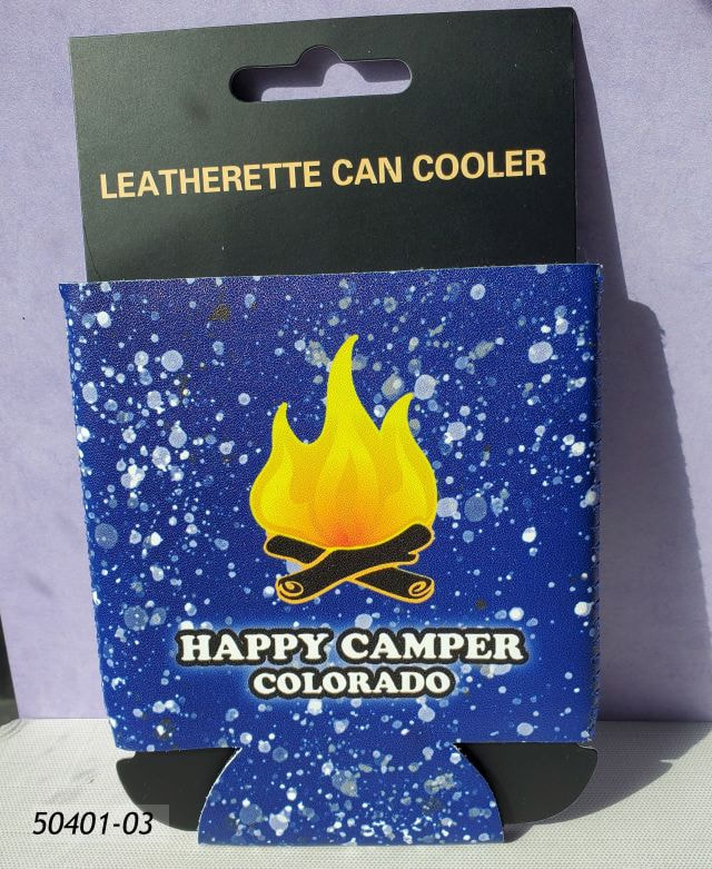 50401-03 Colorado Souvenir Can Cooler.  Printed leatherette material with blue speckle overall design and Campfire Happy Camper Colorado colorful graphic superimposed. 