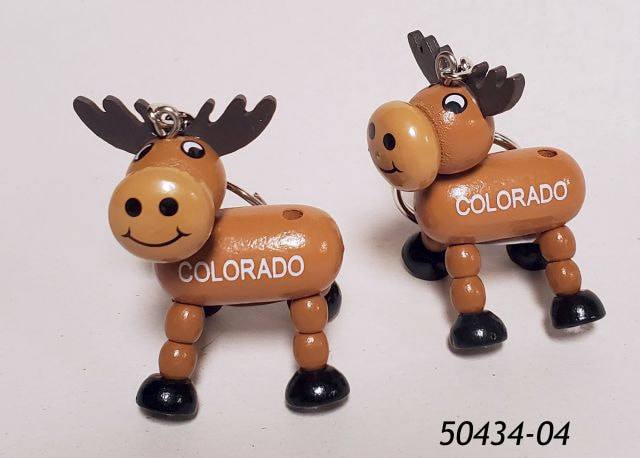 50434-04 Cute Wood Moose keyring with moving parts.  Colorado Souvenir