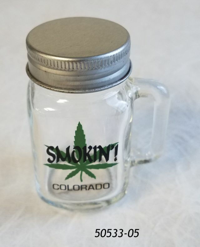 Colorado Souvenir mini mason jar, 2.75" tall with pot leaf Smokin Weed design. 