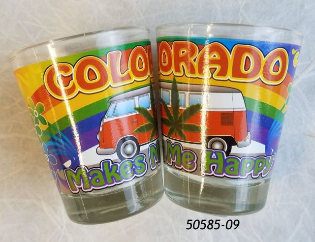 Colorado souvenir shotglass with rainbow, pot leaf and red van graphic.  Colorado Makes Me Happy