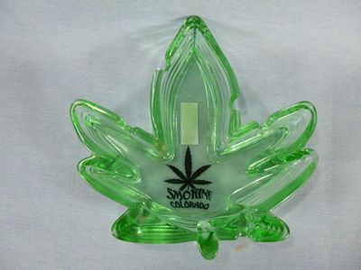 Green Glass Souvenir Ashtray.  Colorado Pot Leaf design