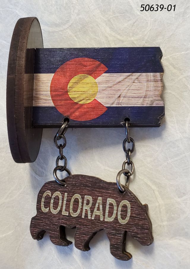 50639-01 Colorado Souvenir Magnet.  3D Flag with dangling bear icon.  Fiberboard. 