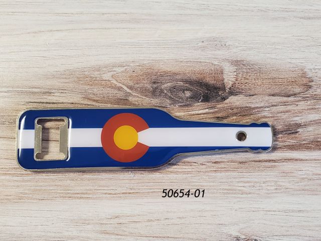 Colorado Souvenir metal Bottle Opener magnet with printed flag design and epoxy overlay.  Approximately 6" in length.  