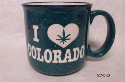 Souvenir Green Speckle Camp Mug with Etched pot leaf design Colorado
