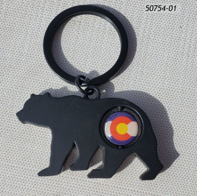 50754-01 Colorado Souvenir Metal Bear shape keyring in matte black. Backside of bear has a circular spinning inset with Colorado Flag graphic. 