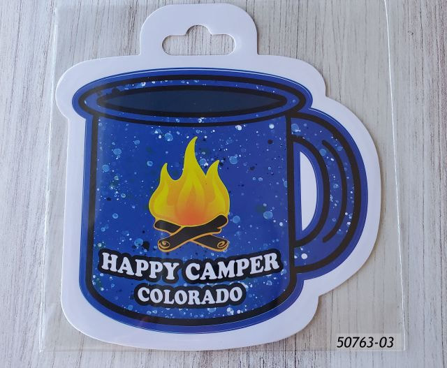 50763-03 Colorado Souvenir printed vinyl decal with coffee cup shape die cut design.  Cup is blue speckled and design on cup is a campfire design that reads: Happy Camper Colorado