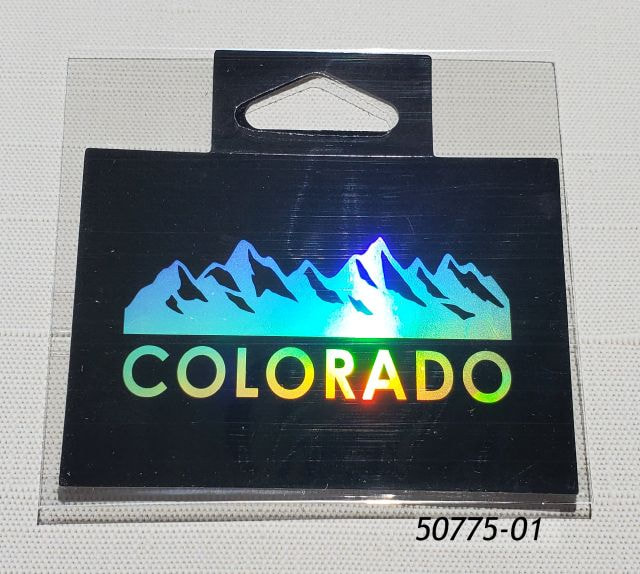 50775-01 Colorado Souvenir iridescent print sticker with Mountains design.  Sticker measures approx 2.5" x 3.5" 