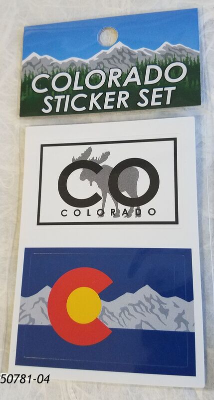 Colorado Souvenir Mini Sticker Duo Set.  Moose/ Flag Mountain