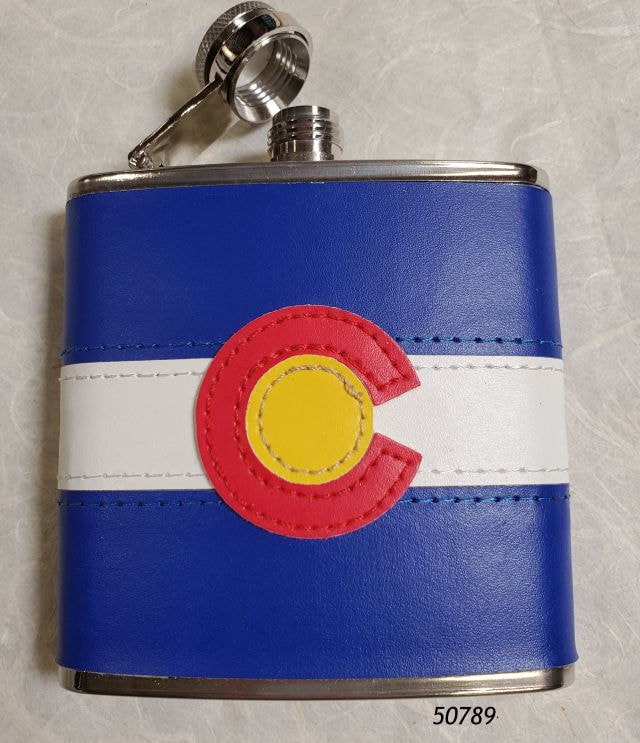 50789 Souvenir Colorado Flask with leatherette sewn "flag" wrapped around the stainless steel.   6 oz capacity.  