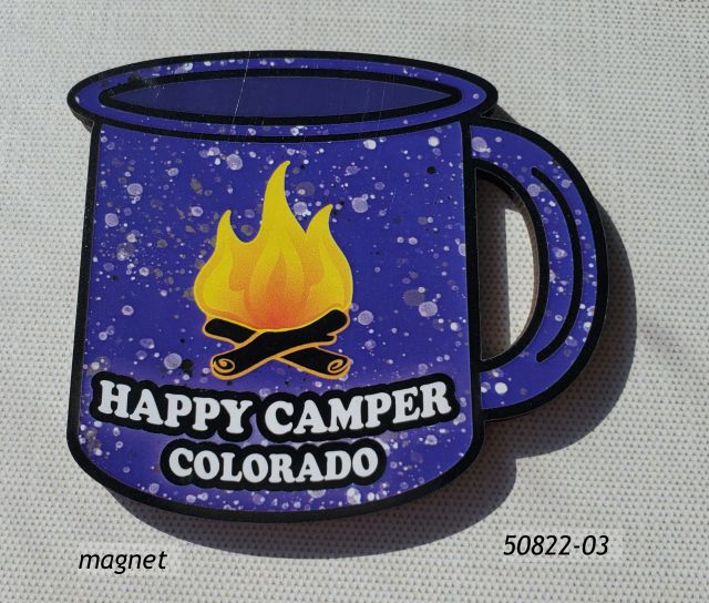 50822-03 Colorado Souvenir Magnet shaped like a cup with blue speckle background and campfire design that reads: Happy Camper Colorado 