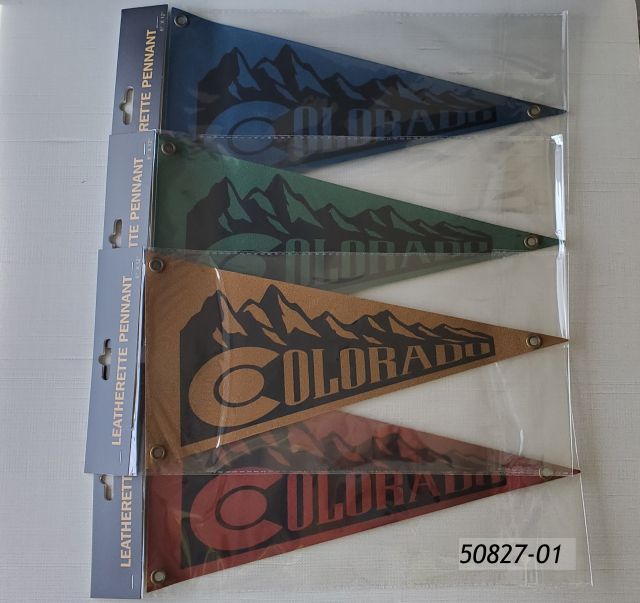 50827-01 Colorado Souvenir Leatherette Pennant, 12' x 6" in four assorted colors with a Colorado Mountain design imprint.  Each in poly bag with header card. 
