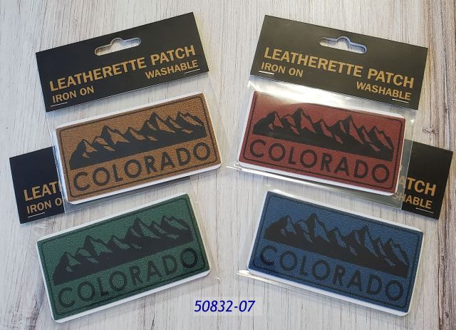 50832-07 Colorado Souvenir leatherette stickers in four assorted colors with a black mountain imprint. Poly bag w header card for hanging. 