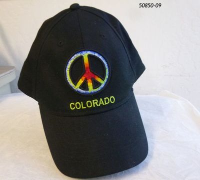 Black Colorado Souvenir Baseball Cap with Embroidered Tie Dye Peace Sign Stitching.  Hat.  