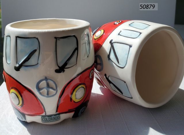 50879 Colorado oversized ceramic shot shaped like a cartoon van in red color with a Colorado license plate design. 