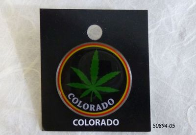 Round lapel pin with Colorado pot leaf design