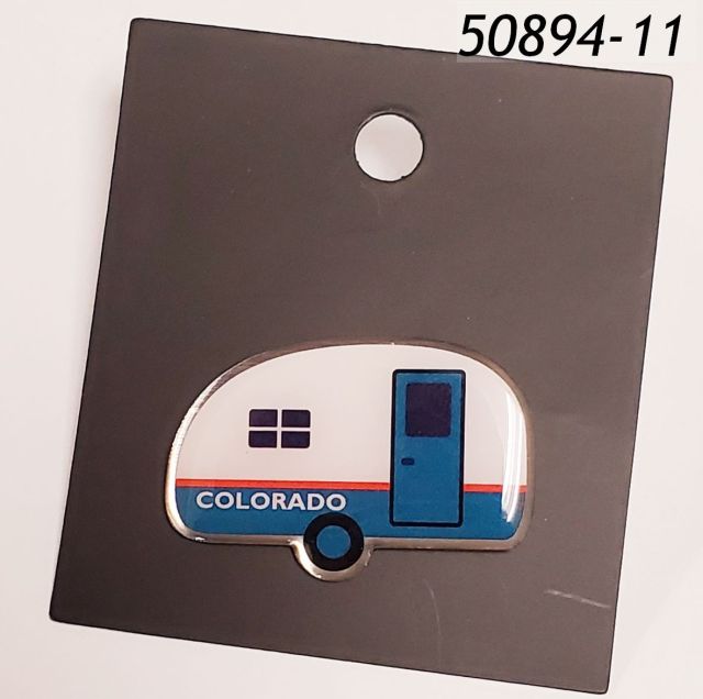 50894-11 Colorado die cut metal pin shaped like a teardrop camper van. 