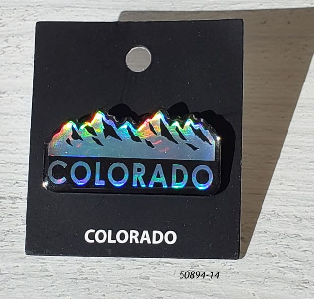 50894-14  Colorado Souvenir lapel pin with iridescent snowy peaked mountains design. 