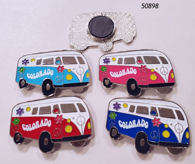 50898 - 4 Assorted Colors metal magnets with hippie van design and Colorado imprint.  