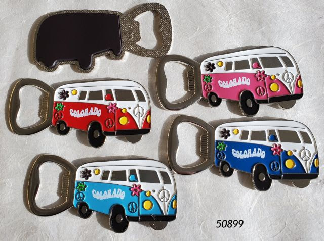 Colorado Souvenir Hippie Van Bottle Opener Magnet in four assorted colors.  Metal.  Item 50899