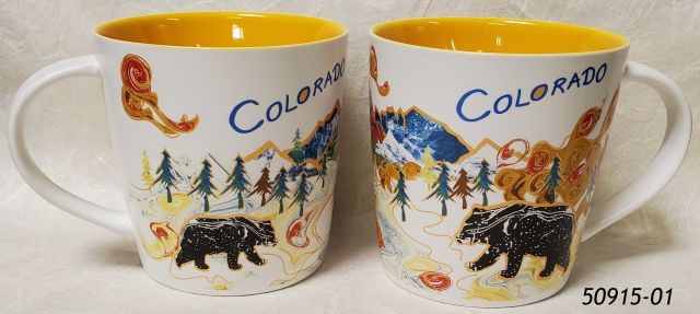 50915-01 Colorado Souvenir Mug with yellow liner and graphic design on outside with bears, trees and scenery with a marbleized look. 