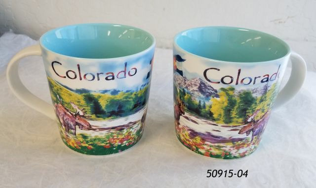 Colorado Souvenir mug with aqua color liner and watercolor mountain lake moose design