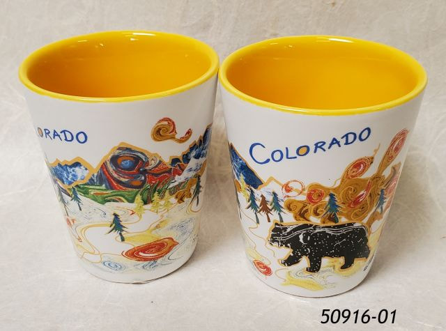 50916-01 Colorado Souvenir ceramic shot with yellow liner and scenic bear design with marble effects