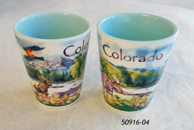 Colorado Souvenir Shot with aqua color liner and watercolor mountain lake moose design. 