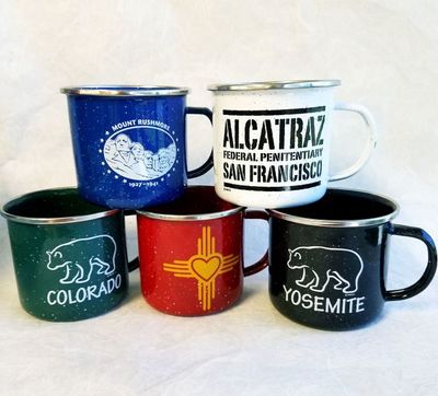 Custom Souvenir stainless cup with speckle enamel coating.  Campfire mug.